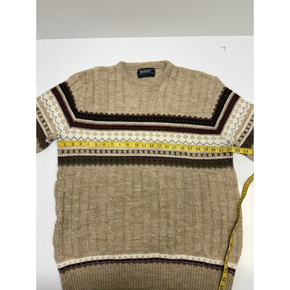 Vintage Jantzen Tan Cable Knit Fair Isle Crew Neck Men's XL tall Grandpa Sweater